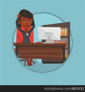 Overworked business woman feeling stress from work. Stressful female office worker sitting at workplace. Stress at work concept. Vector flat design illustration in the circle isolated on background.. Business woman feeling stress from work.