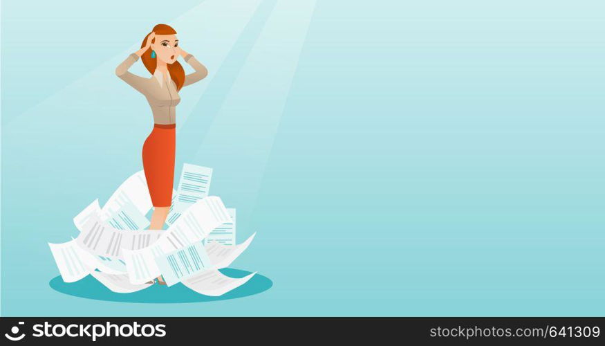 Overworked business woman having a lot of paperwork. Business woman surrounded by lots of papers. Business woman standing in the heap of papers. Vector flat design illustration. Horizontal layout.. Stressed business woman having lots of work to do.