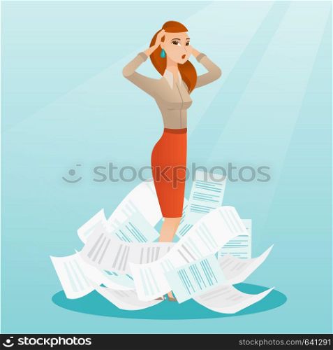 Overworked business woman having a lot of paperwork. Caucasian businesswoman surrounded by lots of papers. Businesswoman standing in the heap of papers. Vector flat design illustration. Square layout.. Stressed business woman having lots of work to do.