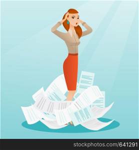 Overworked business woman having a lot of paperwork. Caucasian businesswoman surrounded by lots of papers. Businesswoman standing in the heap of papers. Vector flat design illustration. Square layout.. Stressed business woman having lots of work to do.