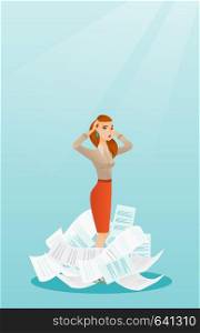 Overworked businesswoman having a lot of paperwork. Caucasian businesswoman surrounded by lots of papers. Businesswoman standing in the heap of papers. Vector flat design illustration. Vertical layout. Stressed business woman having lots of work to do.