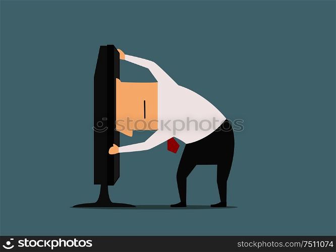 Overworked cartoon businessman stuck in monitor or computer. Vector. Business concept of www, internet and computer addiction. Businessman stuck in computer monitor
