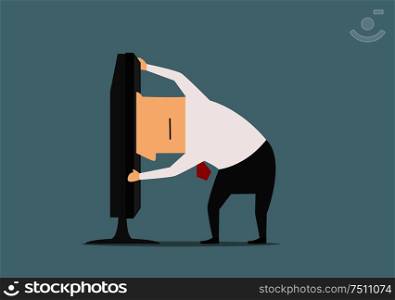 Overworked cartoon businessman stuck in monitor or computer. Vector. Business concept of www, internet and computer addiction. Businessman stuck in computer monitor