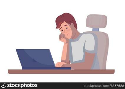 Overworked employee with laptop semi flat color vector character. Tired worker. Editable figure. Full body person on white. Simple cartoon style illustration for web graphic design and animation. Overworked employee with laptop semi flat color vector character