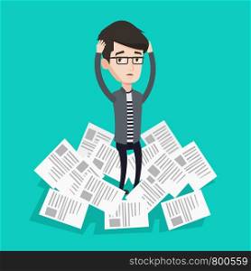 Overworked man clutching head because of having a lot of work to do. Businessman surrounded by lots of papers. Businessman standing in the heap of papers. Vector flat design illustration.Square layout. Stressed businessman having lots of work to do.