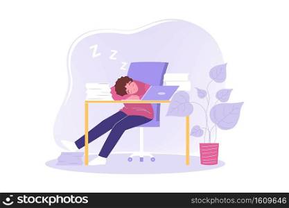 Overworking, sleep, freelance, fatigue, business concept. Tired exhausted businessman freelancer clerk manager cartoon character sleeping on workplace at office. Overloading and mental stress at work.. Overworking, sleep, freelance, fatigue, stress, business concept.