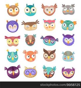 Owl and owlet faces cartoon vector of cute birds of prey with colorful feathers and funny big eyes. Happy barn, eagle and long eared owls for children comic emoji, emoticon or avatar design. Owl and owlet faces, cute cartoon birds of prey