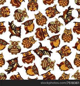 Owl and owlet seamless pattern with yellow and brown forest birds on white background. Education theme or scrapbook page backdrop design. Owl and owlet birds seamless pattern