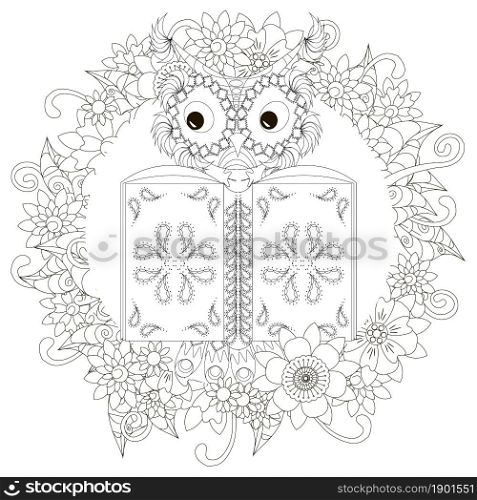 Owl, bird, read, book round frame, cartoons, monochrome, for adult, for children, art, design element, stock, vector, illustration, for web, for print, for coloring book, for coloring page, ink, thin line, flower, leaves, black and white