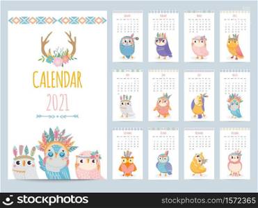 Owl calendar. Color gift 2021 calendar, ethnic owlet with tribals feathers. Cute christmas owls birds characters cartoon vector illustration. Adorable colorful animals for every month. Owl calendar. Color gift 2021 calendar, ethnic owlet with tribals feathers. Cute christmas owls birds characters cartoon vector illustration