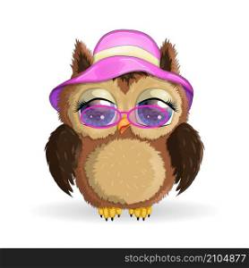Owl cute cartoon character in holiday concept In a hat, in a cap. Owl cute cartoon character in holiday concept. In a hat, in a cap, in hula colors, a dancer in Hawaii