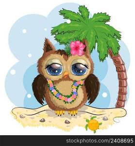 Owl cute cartoon character in holiday concept in hula colors, a dancer in Hawaii on the beach with palm trees. Owl cute cartoon character in holiday concept. In a hat, in a cap, in hula colors, a dancer in Hawaii