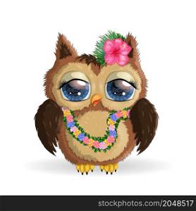 Owl cute cartoon character in holiday concept in hula colors, a dancer in Hawaii. Owl cute cartoon character in holiday concept. In a hat, in a cap, in hula colors, a dancer in Hawaii
