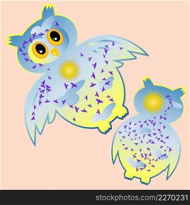 Owl-day. Owl painted in the colors of the day sky with clouds, sun, birds. Owl-day. Owl painted in the colors of the day sky with clouds, sun, birds.