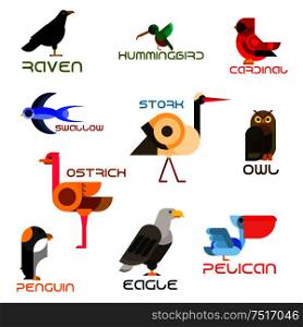 Owl, eagle, swallow, pelican, hummingbird, penguin, ostrich, raven, cardinal, stork colorful birds flat icons. Cartoon wild, forest, aquatic, tropical and urban birds for nature mascot, zoo symbol and wildlife theme design. Colorful cartoon birds icons in flat style