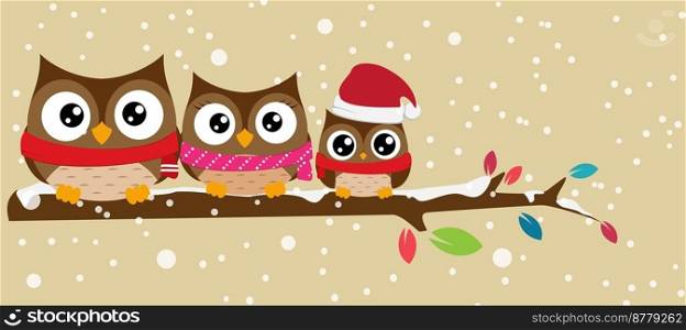 owl family on the branch christmas banner