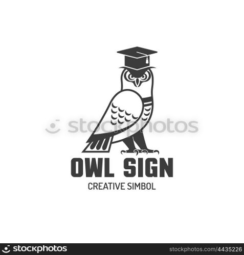 Owl Flat Logo. Black and white logotype sign of owl in square academic cap creative simbol flat vector illustration