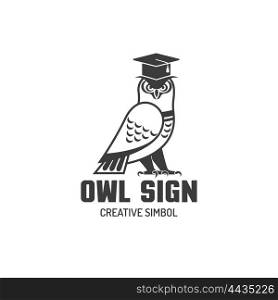 Owl Flat Logo. Black and white logotype sign of owl in square academic cap creative simbol flat vector illustration
