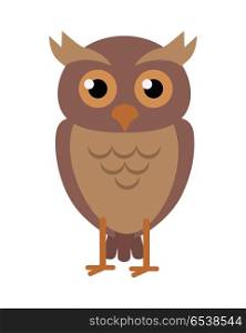 Owl flat style vector. Wild night predatory bird. World fauna species. Eagle-owl cartoon character. For nature concepts, children s books illustrating, printing materials. Isolated on white background. Owl Vector Illustration in Flat Design. Owl Vector Illustration in Flat Design