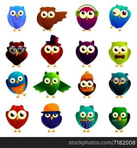 Owl icons set. Cartoon set of owl vector icons for web design. Owl icons set, cartoon style