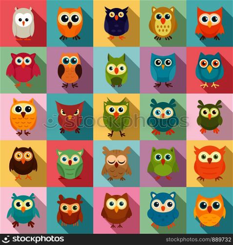 Owl icons set. Flat set of owl vector icons for web design. Owl icons set, flat style