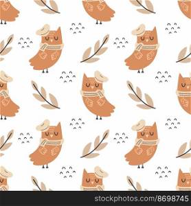 Owl in beret. Autumn illustration. Cute seamless pattern. Wallpaper for nursery. Printing on fabric and wrapping paper.