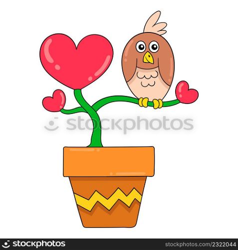 owl is perched on a love plant pot