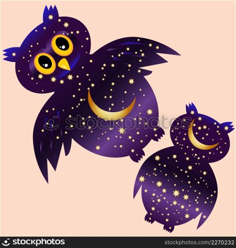 owl-night. owl silhouettes painted with a night sky with stars and a young moon.. owl-night. owl silhouettes painted with a night sky with stars and a young moon
