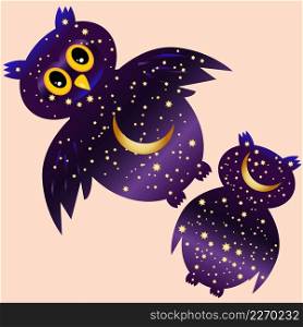 owl-night. owl silhouettes painted with a night sky with stars and a young moon.. owl-night. owl silhouettes painted with a night sky with stars and a young moon