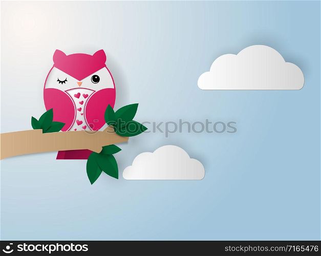 Owl on tree branches, paper art style, vector illustration.