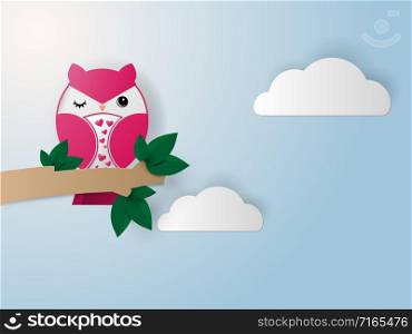 Owl on tree branches, paper art style, vector illustration.