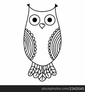 Owl on white background. Vector doodle illustration. Magic bird. Coloring book with an ornament.