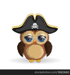 Owl pirate, cartoon character of the game, a bird in a bandana and a cocked hat with a skull, with an eye patch. Character with bright eyes. Owl pirate, cartoon character of the game, a bird in a bandana and a cocked hat with a skull, with an eye patch. Character with bright eye.