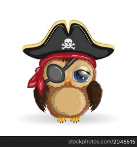 Owl pirate, cartoon character of the game, a bird in a bandana and a cocked hat with a skull, with an eye patch. Character with bright eyes. Owl pirate, cartoon character of the game, a bird in a bandana and a cocked hat with a skull, with an eye patch. Character with bright eye.