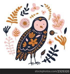 Owl print with floral ornament in ethnic fantasy style isolated on white background. Owl print with floral ornament in ethnic fantasy style