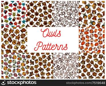 Owl seamless backgrounds. Wallpaper with vector pattern icons of cute stylized vintage artistic cartoon owls. Owl seamless pattern backgrounds