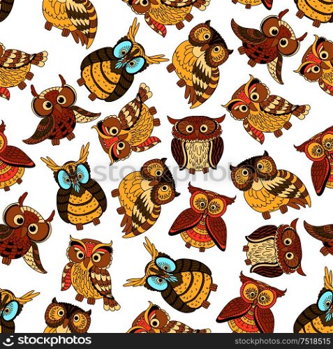 Owl seamless pattern background. Cute bird vector wallpaper. Vintage artistic cartoon owls. Owl seamless pattern background
