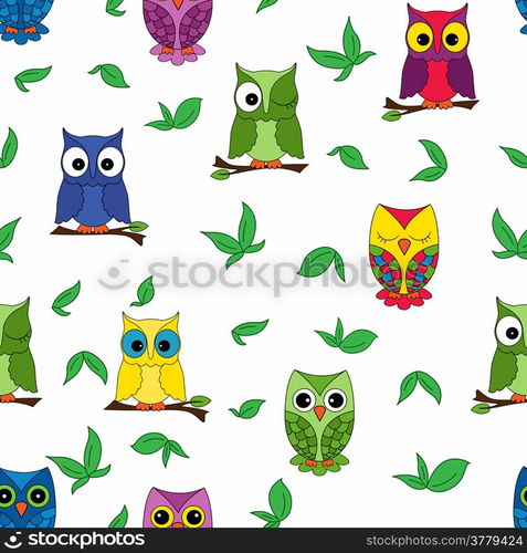 Owl seamless pattern, hand drawing cartoon vector illustration