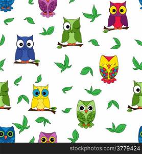 Owl seamless pattern, hand drawing cartoon vector illustration