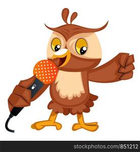 Owl singing on microphone, illustration, vector on white background.