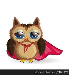 Owl superhero cute cartoon character in red lifeguard cloak.. Owl superhero cute cartoon character in red lifeguard cloak