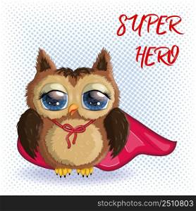 Owl superhero cute cartoon character in red lifeguard cloak.. Owl superhero cute cartoon character in red lifeguard cloak