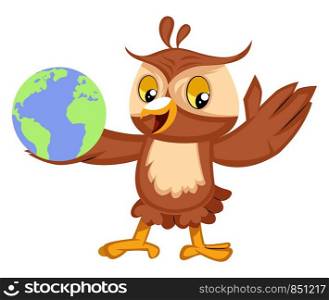 Owl with globe, illustration, vector on white background.