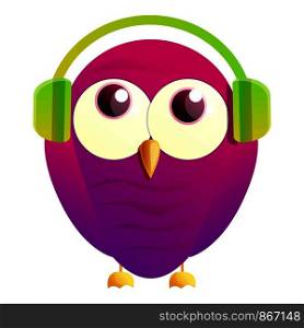 Owl with headphones icon. Cartoon of owl with headphones vector icon for web design isolated on white background. Owl with headphones icon, cartoon style