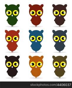 Owl4. Set of icons of birds of owls. A vector illustration