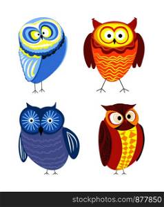 Owls cartoon kid funny characters with feather ornament. Vector isolated flat icons of owl bird in colorful abstract pattern plumage feathering decoration. Owls cartoon kid funny characters with feather ornament.