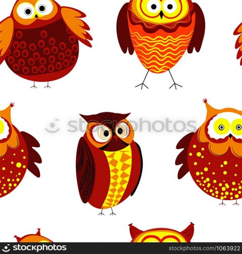 Owls cartoon kid funny characters with feather ornament seamless pattern. Vector isolated flat icons of owl bird in colorful abstract pattern plumage feathering decoration. Owls cartoon kid funny characters with feather ornament seamless pattern.