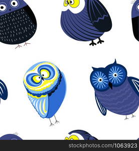 Owls cartoon kid funny characters with feather ornament seamless pattern. Vector isolated flat icons of owl bird in colorful abstract pattern plumage feathering decoration. Owls cartoon kid funny characters with feather ornament seamless pattern.