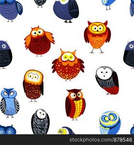 Owls cartoon kid funny characters with feather ornament seamless pattern. Vector isolated flat icons of owl bird in colorful abstract pattern plumage feathering decoration. Owls cartoon kid funny characters with feather ornament seamless pattern.