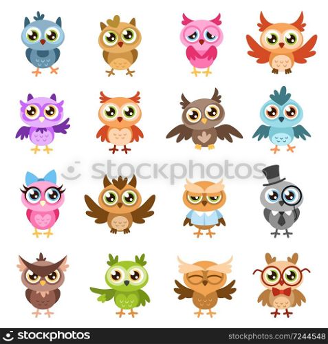 Owls. Color cute wise owl stickers, birthday kids shower funny forest birds with different gestures vector flat cartoon characters isolated set. Owls. Color cute wise owl stickers, birthday kids shower funny forest birds with different gestures vector cartoon characters
